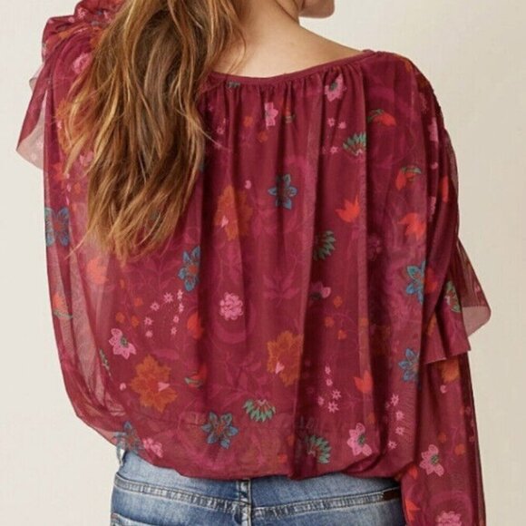 Free People Women's Peasant XS Pink and Red Blouse Boho Floral - Picture 2 of 8